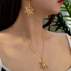 Sonnenblume Sternschliff Anhänger Halskette Und Ohrringe Legierung Künstliche Perle Boho Schmuck Für Damen Elegant Goldenes Finish