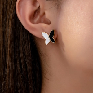 Butterfly Stud Earrings Alloy Enamel Black White Color Block Gold Edged Fashion Jewelry For Women Elegant Minimalist