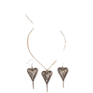 Parure de bijoux vintage en argent avec collier coeur et boucles d'oreilles martelées