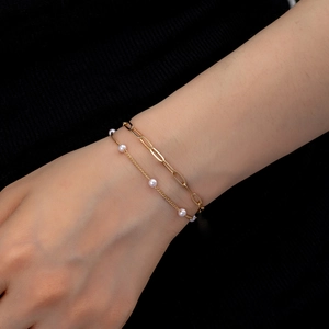 Women's Elegant Double Layer Bracelet Iron Alloy Paperclip Chain With White Imitation Pearls Minimalist Fashion Jewelry Adjustable Gift
