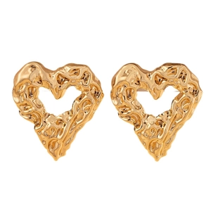 Golden hollow heart stud earrings with irregular lava texture and metallic finish