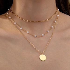 Multi Layer Necklace Alloy Imitation Artificial Pearl Paperclip Chain Round Disc Pendant Elegant Trendy Gold Tone Jewelry For Women