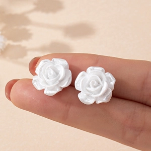 Elegant white resin rose stud earrings featuring a delicate 3D floral design for women