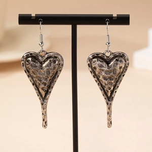 Retro Heart Drop Earrings Antique Silver Hammered Metal Dangle Jewelry For Women Bohemian Style Fashion Accessories
