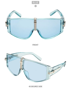 Flat top oversized blue sunglasses with silver metal bridge and double-angle view display