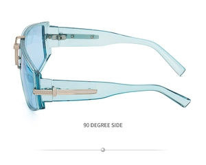 Side view of light blue oversized square sunglasses with gold metal accents