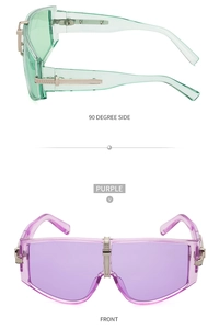 Detailed views of mint green and purple oversized sunglasses with wrap-around frames