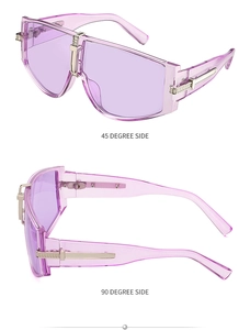 Detail view of large purple transparent frame sunglasses with stylish silver metal hinges