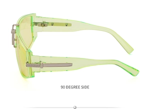 90-degree side view of oversized light green sunglasses with yellow tinted lenses