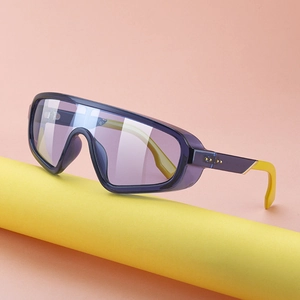 Steampunk oversized cycling sunglasses with purple frame and bright yellow temples