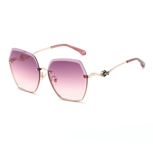 Women Rimless Sunglasses Hexagon Cut Edge Polarized TAC Lens UV400 Gradient Lens 3D Rose Flower Metal Temple Fashion Driving