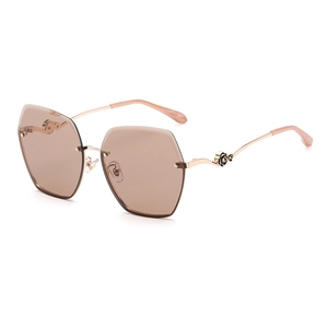 Polarized rimless sunglasses for women with brown lenses and rose detail metal temples