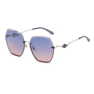 Women's rimless polarized sunglasses with hexagonal gradient lenses and gold rose detail