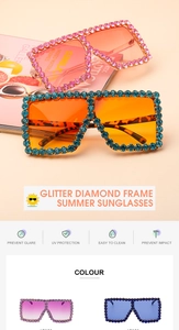 Macro detail of oversized square sunglasses with colorful rhinestones and gradient lenses