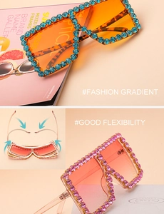 Close-up of flexible oversized sunglasses frame with vibrant rhinestone crystal detailing
