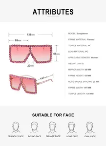 Detailed size guide with measurements for oversized rhinestone fashion sunglasses