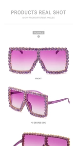 Front and side view of oversized purple sunglasses with rhinestone-encrusted frames