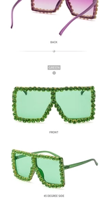 Detailed views of oversized square sunglasses featuring luxury rhinestones and gradient lenses