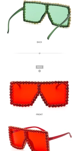 Detailed views of oversized square sunglasses featuring sparkling rhinestones and red lenses