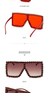 Detailed views of oversized square sunglasses with rhinestone frames in red and dark brown