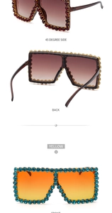 Detailed views of oversized rhinestone sunglasses in tortoiseshell and yellow colorways