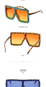 Detail view of oversized square sunglasses featuring sparkling rhinestones in blue and orange