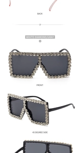 Detailed views of oversized square sunglasses featuring white crystal-encrusted frames