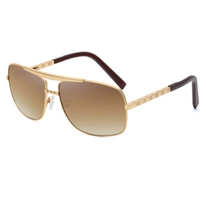 Detail of steampunk square sunglasses featuring gold metal frames and checkered temples