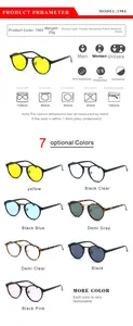 Detailed size specifications for vintage round sunglasses in seven color variations