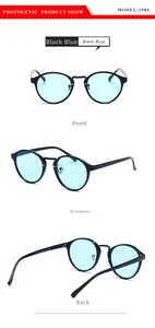 Front, side, and back views of vintage round black sunglasses with light blue lenses
