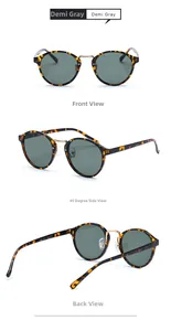 Detail view of round demi gray retro sunglasses showing metal bridge and CE certification