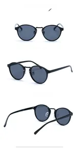 Front and side views of classic round black sunglasses with metal bridge and grey lenses