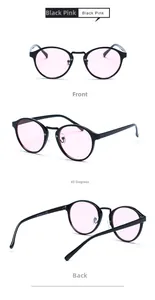 Three-way view of round frame sunglasses showing black frames and pink lenses