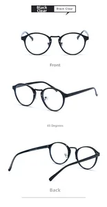 Three-view set showing black retro round sunglasses frame from front, side and back angles