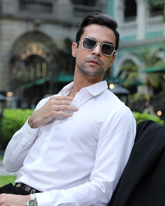 Steampunk rectangular sunglasses for men styled with a professional white long sleeve shirt