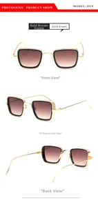 Detailed views of gold steampunk square sunglasses with brown gradient lenses