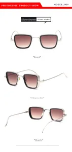 Three-way view of steampunk square sunglasses with silver metal frame and brown lenses