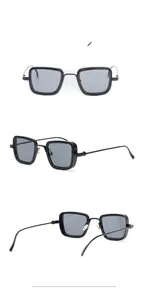 Three-angle view of Kabir Singh steampunk square sunglasses with thick black grey frames