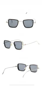 Three-angle view of steampunk square sunglasses with silver metal and black frames