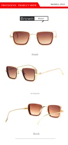Three views of steampunk square sunglasses with gold metal frames and brown gradient lenses