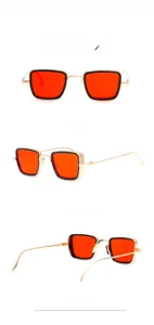 Detailed views of steampunk square sunglasses with gold metal frame and red lenses
