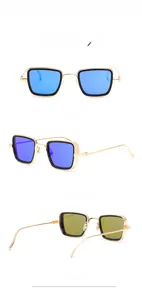 Steampunk rectangular metal frame sunglasses with blue lenses and gold finish details