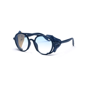 Ronde steampunk zonnebril met blauwe lederen zijschermen en gradiënt glazen voor heren en dames