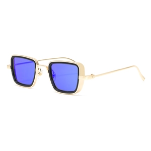 Steampunk small square sunglasses with gold metal frame and blue lenses in a 45-degree view