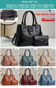 Detailed view of vintage textured tote bag set with dimensions and multi-color options