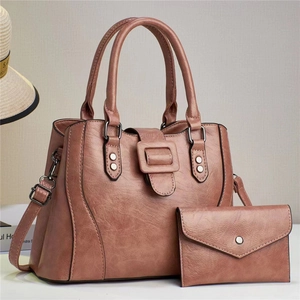Retro faux leather tote bag and envelope pouch set in dusky rose with gold accents