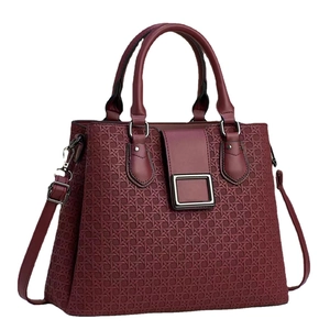 Fashionable dark red embossed tote bag for women with woven texture and top handles