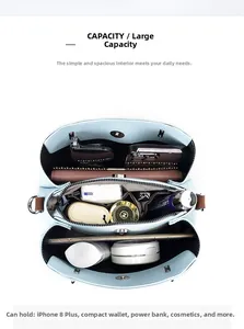 Macro view of blue faux leather shoulder bag with spacious three-compartment interior