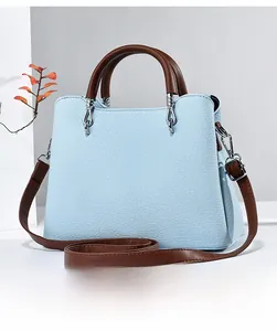 Back view of light blue leather handbag with brown handles and silver hardware detail