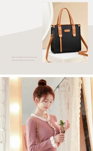 Close-up of contrast color tote bag with litchi texture and elegant leather strap detail